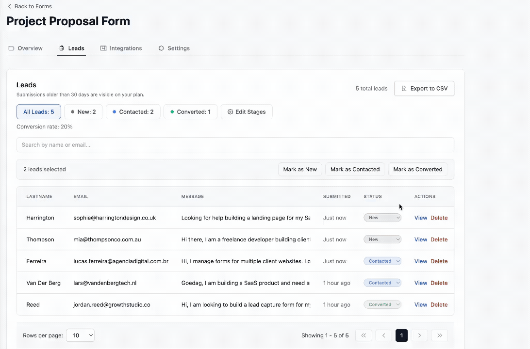 Form submission arriving as a tracked lead in Formgrid with email notification pipeline status notes and follow up reminders